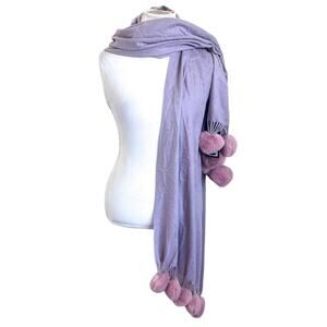Jayley Women Silk Cashmere Knit Scarf Shrug Wrap Luxury Faux Fur Pom Pom Size OS